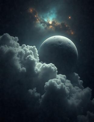 The primary subject of the image is a moon, which is seen in the sky above a cloudy background. The setting appears to be a nighttime scene with a dark sky. The visual style of the image is a combination of photo and digital art, creating a surreal and dramatic atmosphere. The dominant colors in the image are black, white, and shades of gray, which contribute to the overall mood of the scene.
